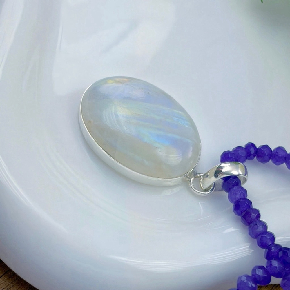 Rainbow Moonstone Pendant Necklace Pure Sterling Silver 925 Boho Southwest - Picture 5 of 10